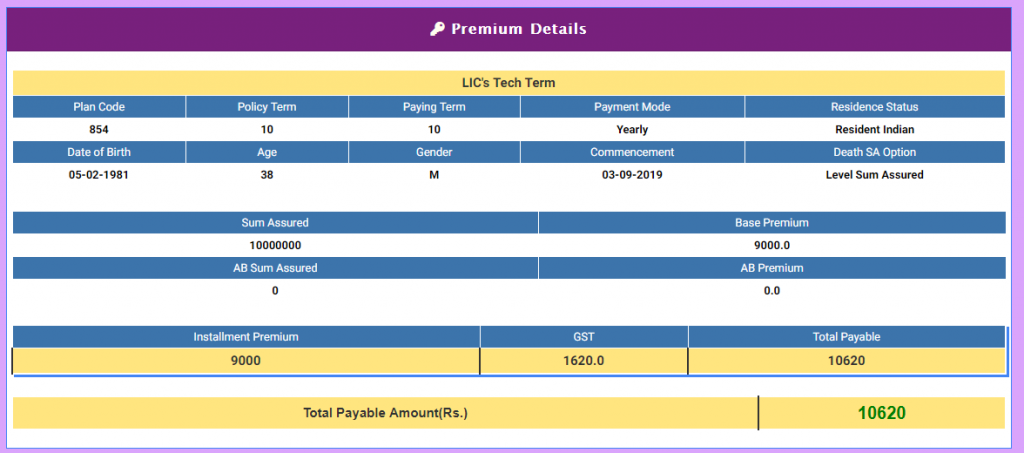 LIC tech term - premium calculation